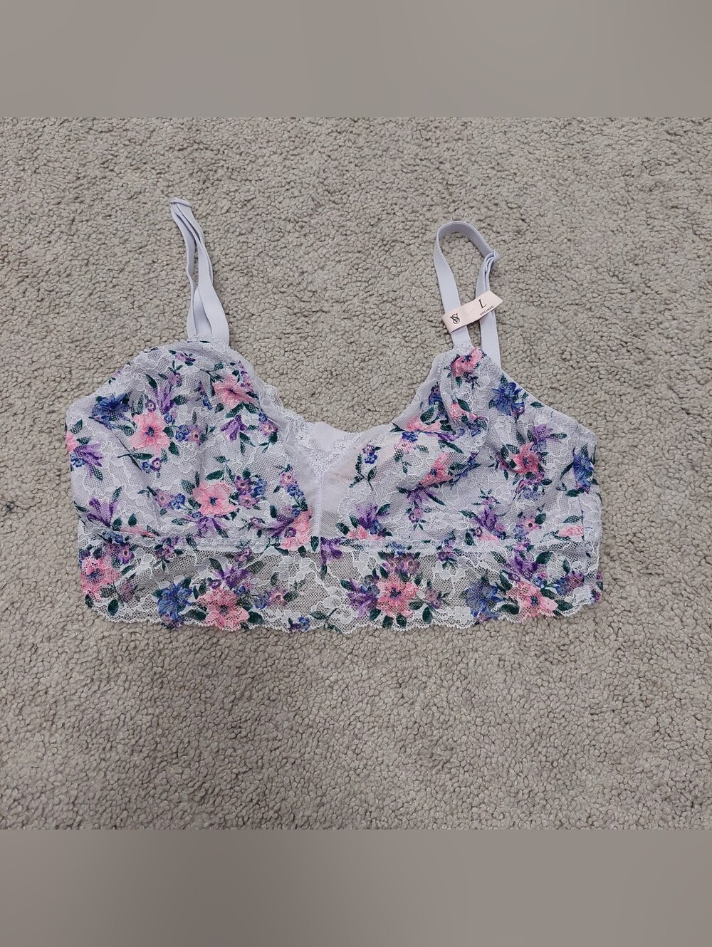 Victoria's Secret NWOT Bralette Large Lace Purple Floral Adjustable Straps